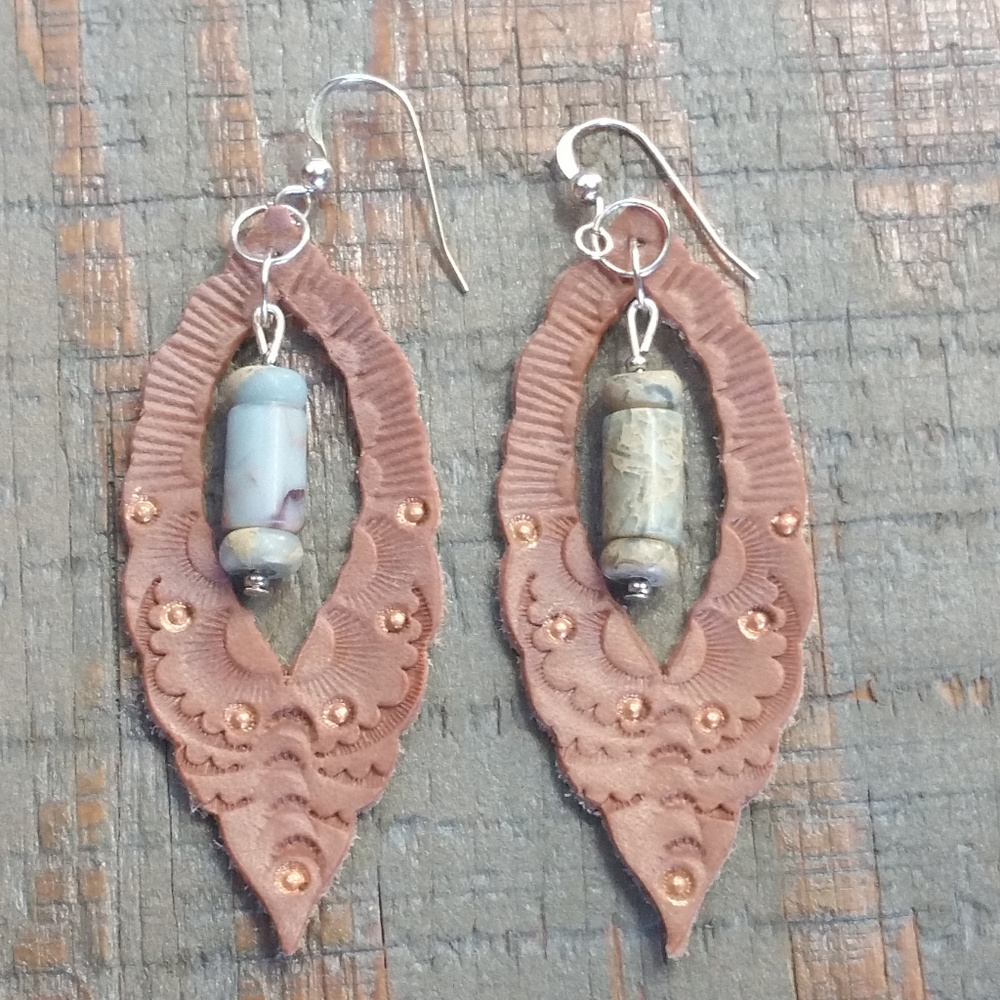 Genuine Handtooled Leather Earrings with Gemstones